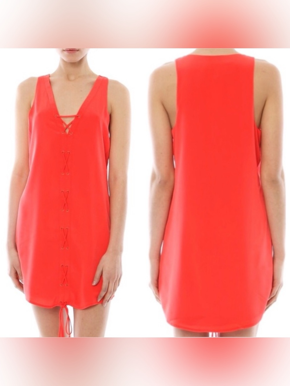 Rory Beca Coral-Red Lace-Up V-Neck Mini Dress XS